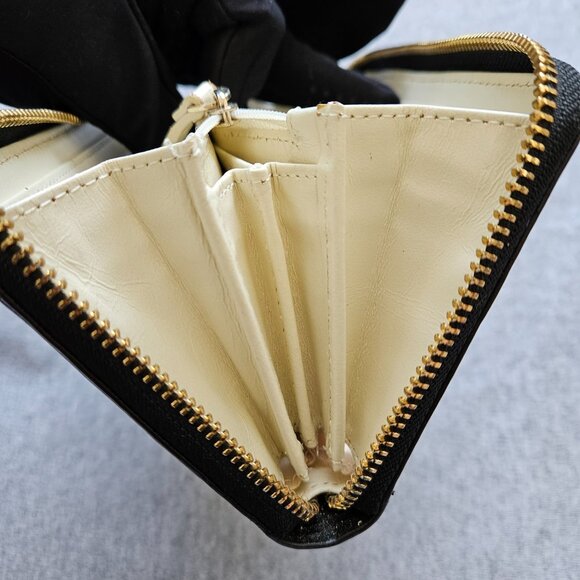 Kate Spade Zip Around Leather Wallet Organize Black White Bow Gold Accents - Picture 12 of 16